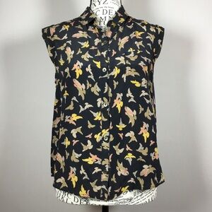 100% silk ruffle sleeve bird pattern black top button down with collar sz 0
